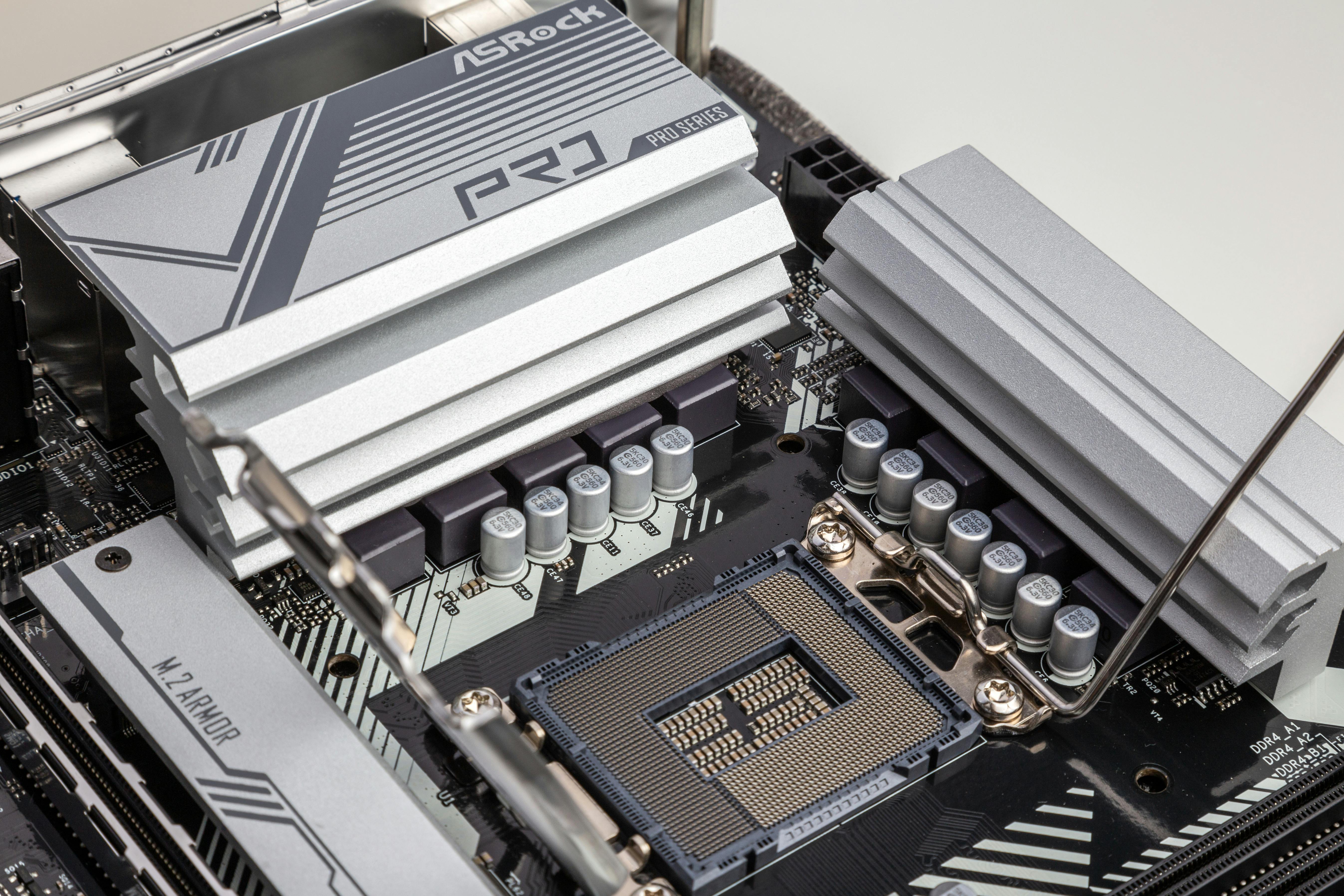 Close-up of a CPU socket on a motherboard